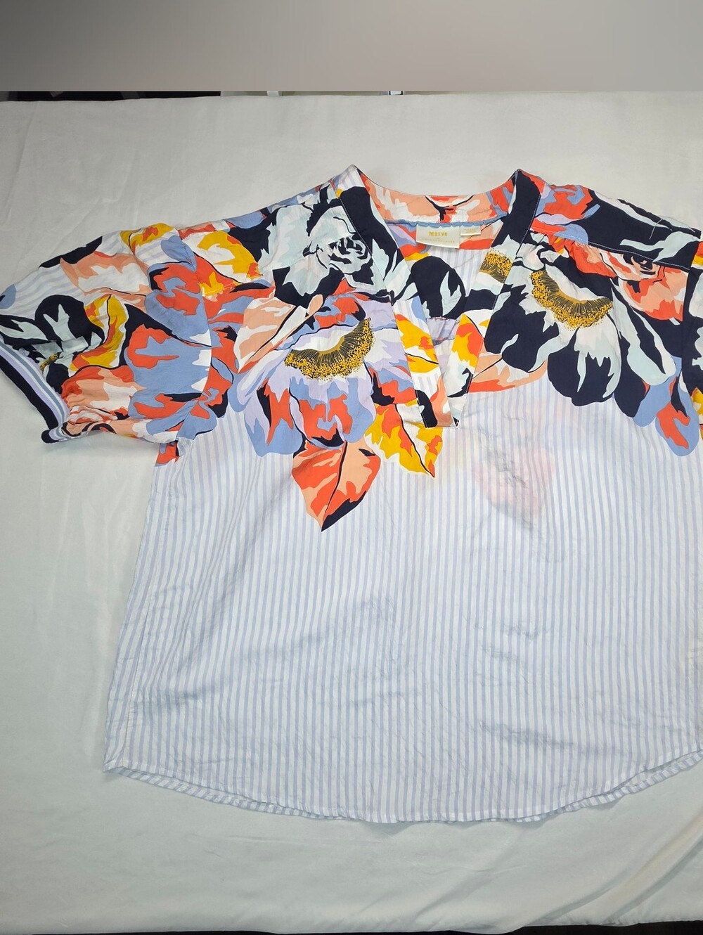 Maeve Anthropologie XL Floral Stripe Puff Sleeve Blouse